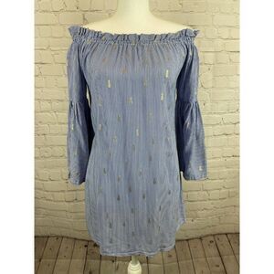 ANTHROPOLOGY SOLITAIRE striped white blue cold shoulder flared top tunic S